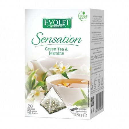 Ceai verde cu iasomie (Green Tea & Jasmine) Evolet Sensation piramida 20 plicuri